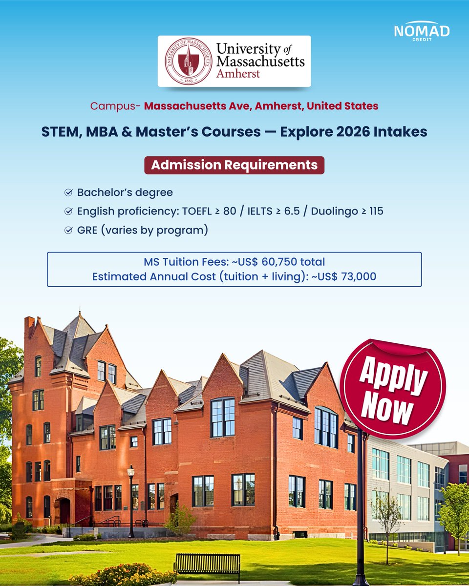 nomadcreditedu's tweet image. 🎯Dream big, study bigger. Explore STEM, MBA &amp;amp; Master’s programs at UMass Amherst, USA!
With world-class faculty, cutting-edge research opportunities, and a vibrant campus in Amherst, Massachusetts
Apply now: bit.ly/420JGor
#StudyAbroad #StudyinUS