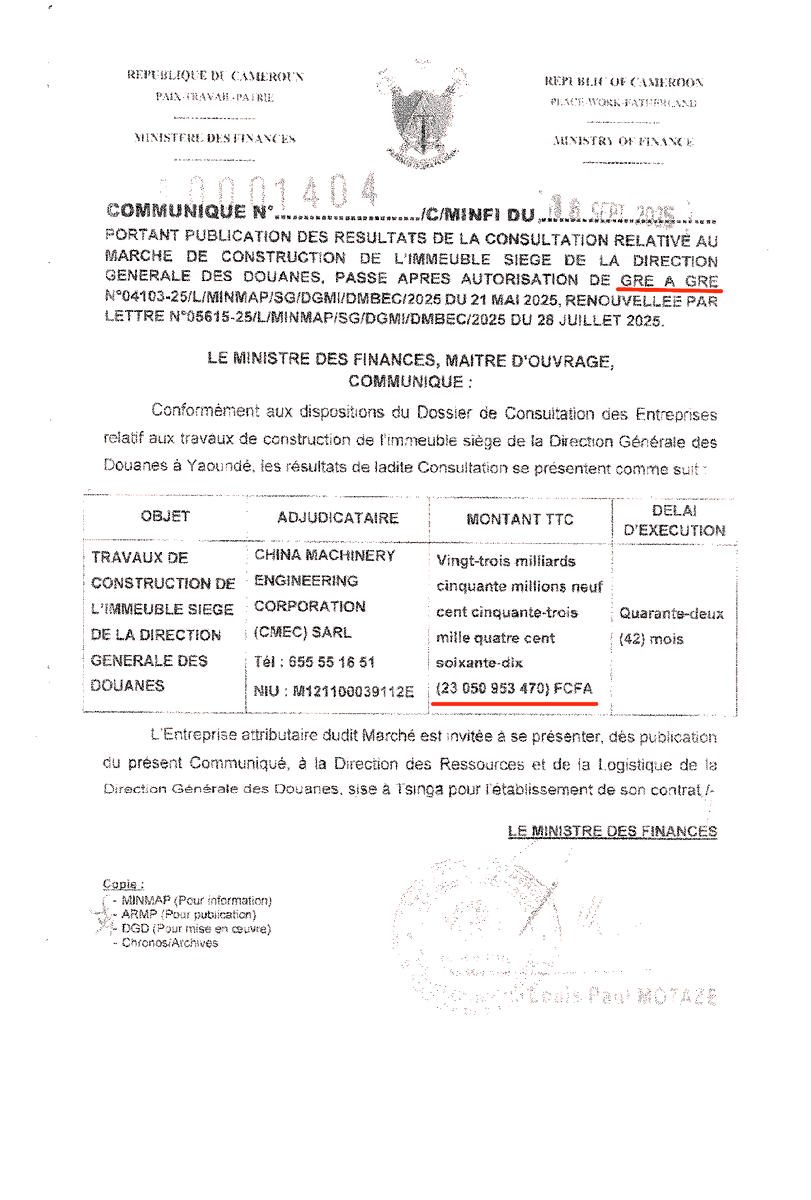 tassingremi's tweet photo. 23 milliards FCFA de GRÉ À GRÉ pour la construction de l'immeuble siège de la direction générale des douanes pour China Machinery Engineering Corporation (CMEC). Mais l'assemblée nationale c'était gratuit donc...ça va🤡 https://t.co/frTaLdyJsB