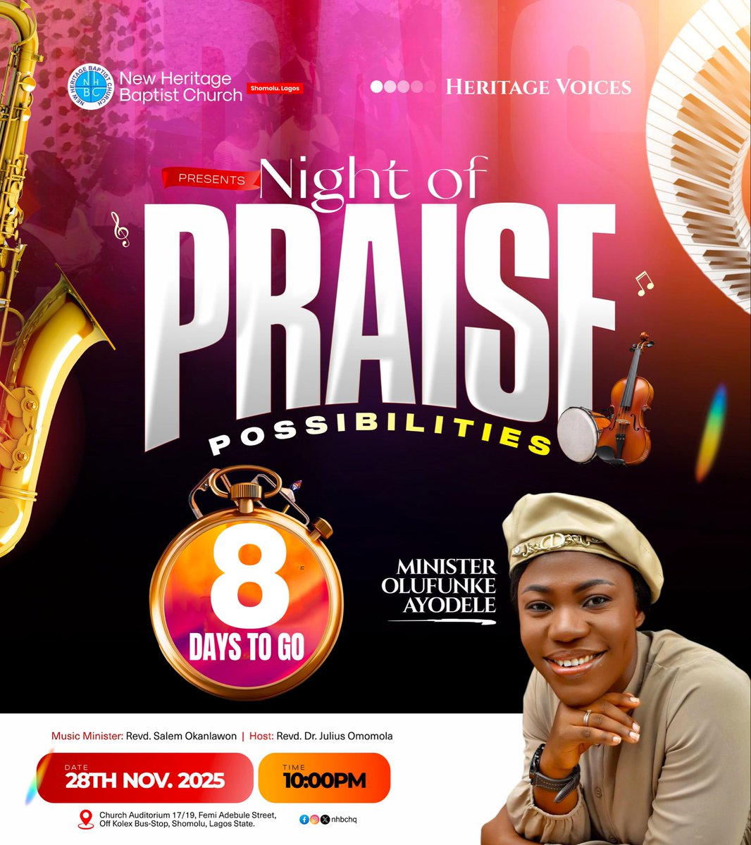 8️⃣ days to go! 

The countdown continues as we anticipate a transformative experience in God’s presence. 😇 

#NightOfPraisePossibilities
#NHBCHQ
#HeritageVoices #PraiseAtmosphere
#GodOfPossibilities
#ManifoldGrace
#ManifoldGratitude