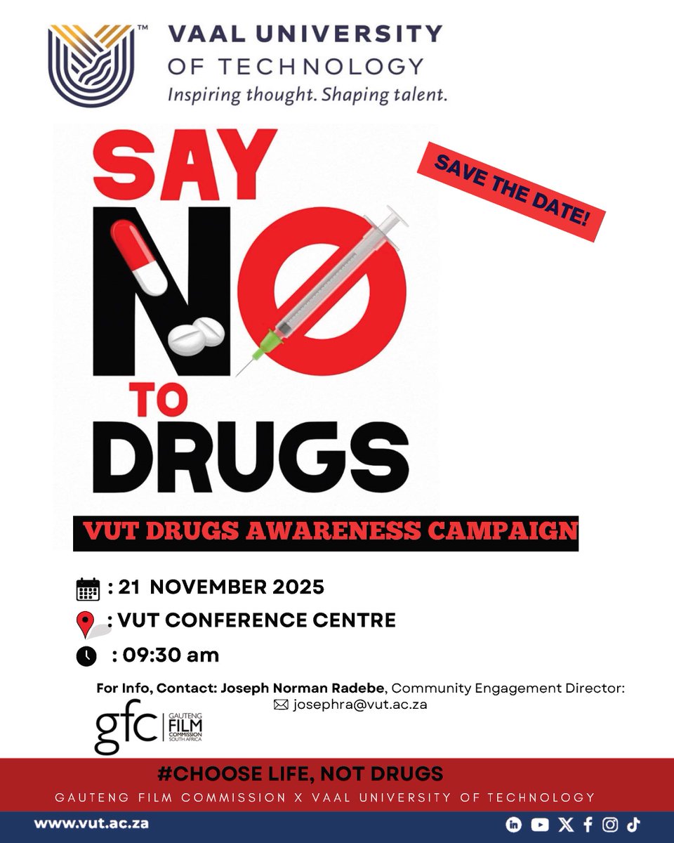 VUT_Online's tweet image. A safer, healthier VUT starts with all of us.
Be part of the VUT Drugs Awareness Campaign as we create awareness, share support resources, and promote a drug-free environment for our students.
Let’s stand together. 💙
#DrugAwareness #VUTCares #SupportNotStigma