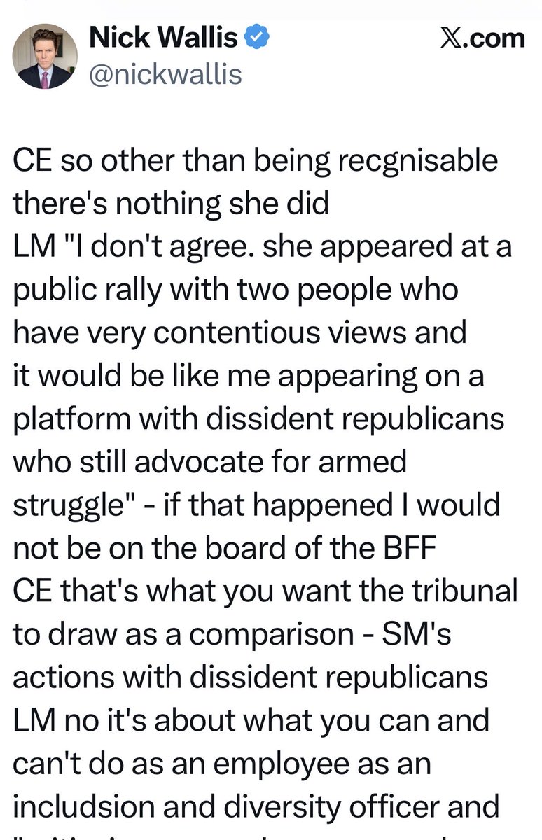 suladoyle's tweet image. At Sara Morrison’s employment tribunal yday, a former IRA man who served 16 years for attempted murder compared Let Women Speak rallies to meetings of dissident republicans ⬇️ , then started bleating about diversity and inclusion, famously a priority for the IRA.