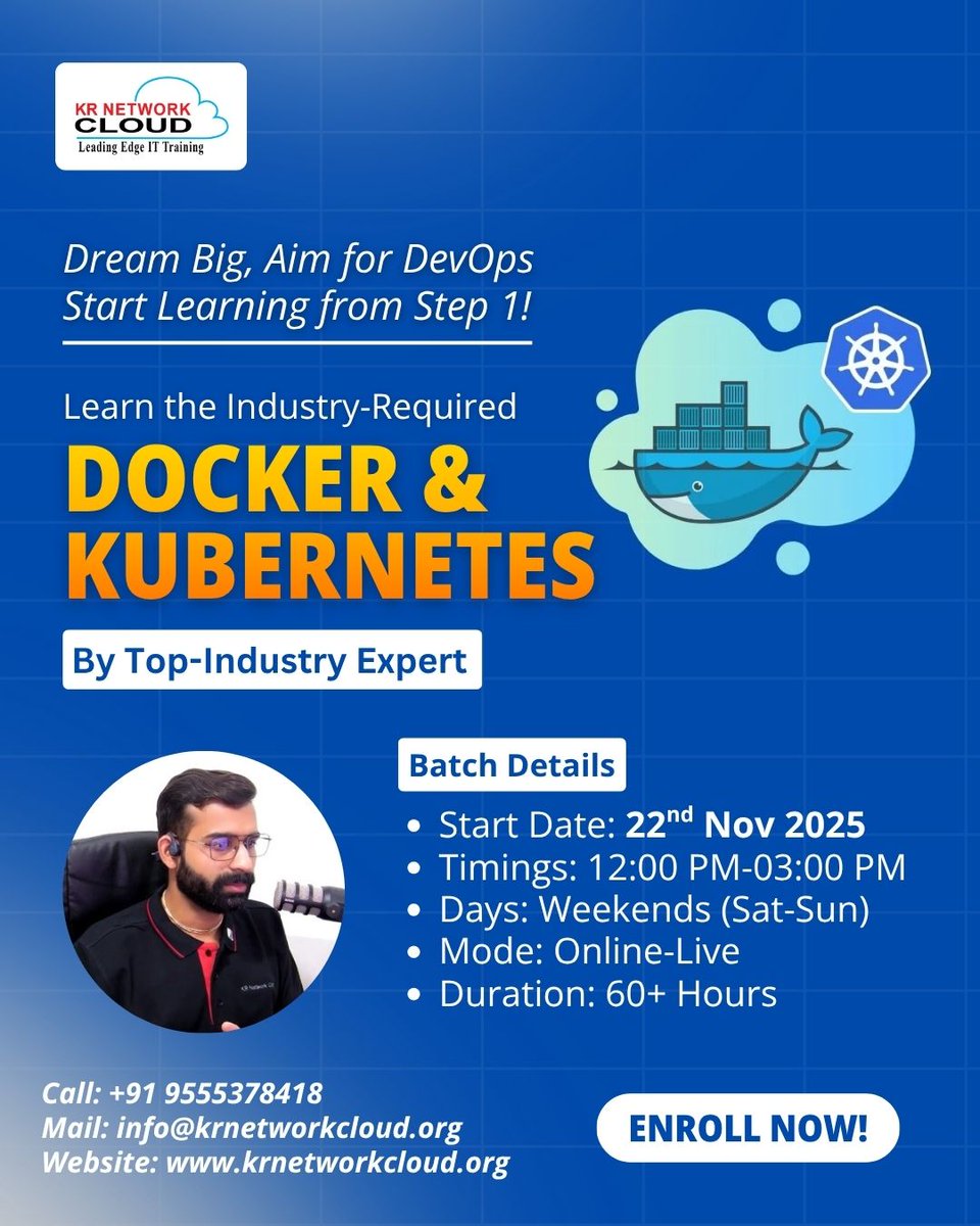 KRNetworkCloud1's tweet image. LIVE TRAINING: DOCKER &amp;amp; KUBERNETES (BASICS TO ADVANCE)
To join the session starting this weekend, please contact us directly: 
📞 Call/WhatsApp: +91 9555378418 
🌐 Website: krnetworkcloud.org

#docker #kubernetes #containerization #devops #orchestration #ittraining #tech