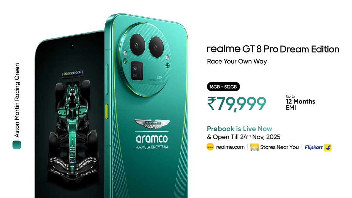 TECHINFOSOCIALS's tweet image. Realme GT 8 Pro makes its Debut in India 🇮🇳 

Prices:
₹72,999 [12GB+256GB]
₹78,999 [16GB+512GB]

+ ₹5,000 Bank Offer as well Free Deco Set.

Diary White &amp;amp; Urban Blue ⚪🔵

The Dream Edition:
₹79,999 [16GB+512GB]

Aston Martin Green 🟢

Pretty Good Price I would say....