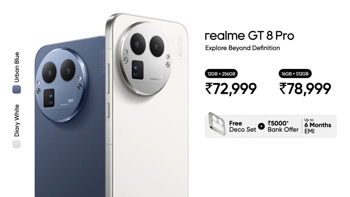 TECHINFOSOCIALS's tweet image. Realme GT 8 Pro makes its Debut in India 🇮🇳 

Prices:
₹72,999 [12GB+256GB]
₹78,999 [16GB+512GB]

+ ₹5,000 Bank Offer as well Free Deco Set.

Diary White &amp;amp; Urban Blue ⚪🔵

The Dream Edition:
₹79,999 [16GB+512GB]

Aston Martin Green 🟢

Pretty Good Price I would say....
