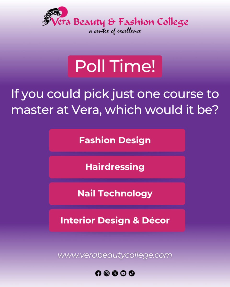 vera_college's tweet image. If you could pick just one course to master at Vera, which would it be? 👇

- Fashion Design
- Hairdressing
- Nail Technology
- Interior Design &amp;amp; Event Decor

Vote below or tell us why, we love hearing your dreams!

#VeraBeautyCollege #InteractiveLearning #StudyAtVera