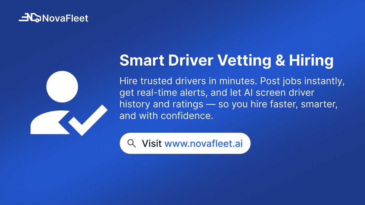 NovaFleetAfrica's tweet image. Hire trusted drivers in minutes.
AI-powered vetting = faster, smarter, safer hiring.
👉 novafleet.ai

#NovaFleet #AI #DriverVetting #FleetTech