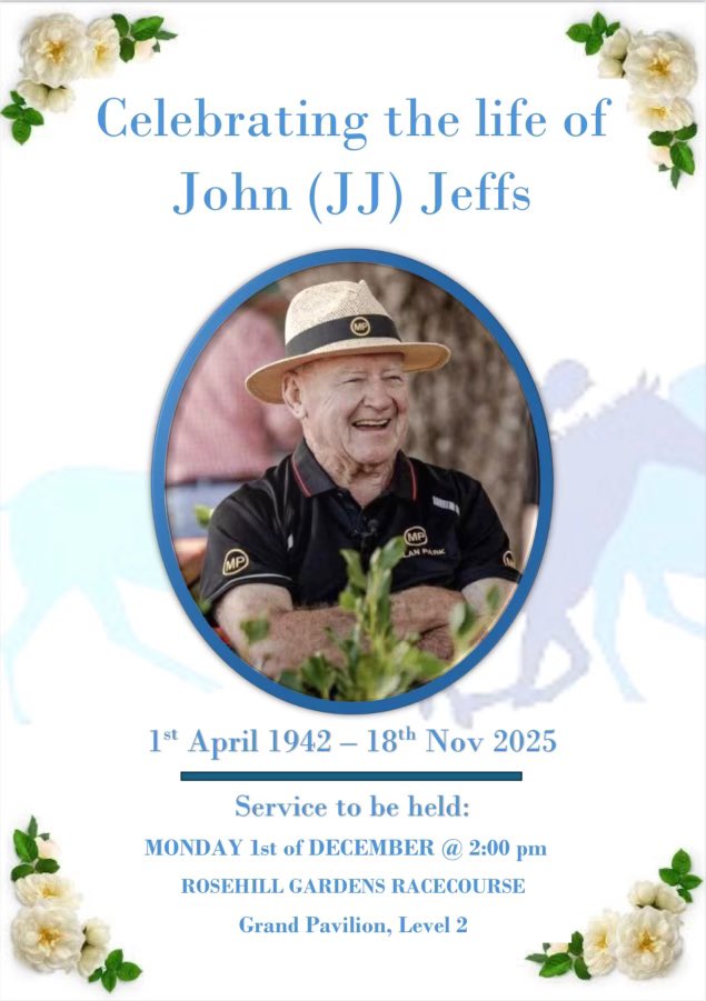 A service to celebrate and remember the life of JJ will be held on Monday, 1 December at the Grand Pavilion, Rosehill Gardens.

All are welcome to join us, with the service commencing at 2:00pm. 🕊️