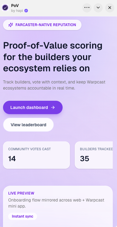 steemhunt's tweet image. Introducing a new mini-app — PoV by hapi on @farcaster_xyz 

PoV builds a community-driven reputation layer where you can upvote or downvote users, see transparent scores, and help shape early governance.

More features are in the works, including weighted voting, transparent…