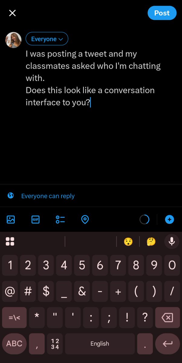 blindedblinded's tweet image. I was posting a tweet and my classmates asked who I&apos;m chatting with.
Does this look like a conversation interface to you?