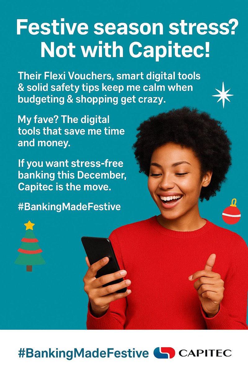 IamBreezy_SA's tweet image. Festive season stress? Not with @CapitecBankSA 🎄
Their Flexi Vouchers, digital tools &amp;amp; safety tips keep me calm when shopping get crazy.
My fav? The digital tools that save me time.
Simpler banking this December, Capitec is the way. ✨
#BankingMadeFestive #BankOnCapitec #Gifted