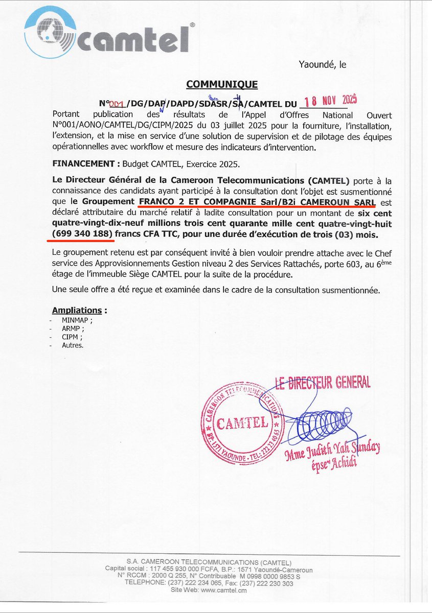 FRANCO 2 ET COMPAGNIE c'est pas la sénatrice PUENE FRANÇOISE? Ça c'est un marché de 700 millions FCFA à la CAMTEL! Les législateurs englués dans les marchés publics. Juste incroyable!