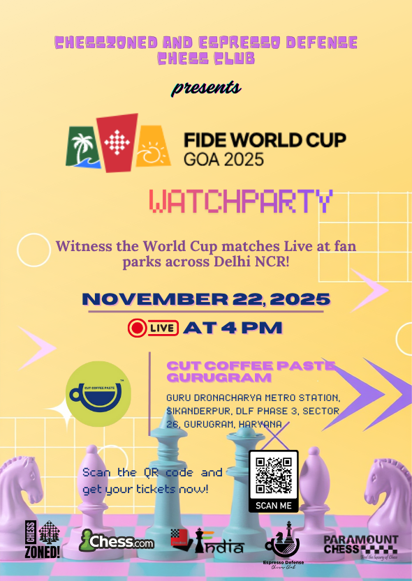 chesszoned's tweet image. THE WAIT IS OVER! 🎉

Delhi NCR, are you ready to kick off the ultimate #FIDEWorldCup2025 Watch party experience?! We&apos;re thrilled to announce our FIRST OFFICIAL FANPARK LOCATION!

📍 GURUGRAM, YOU&apos;RE UP! Join us at Cut Coffee Paste!

🎟️ REGISTER HERE: lnkd.in/gJ7AHHQP