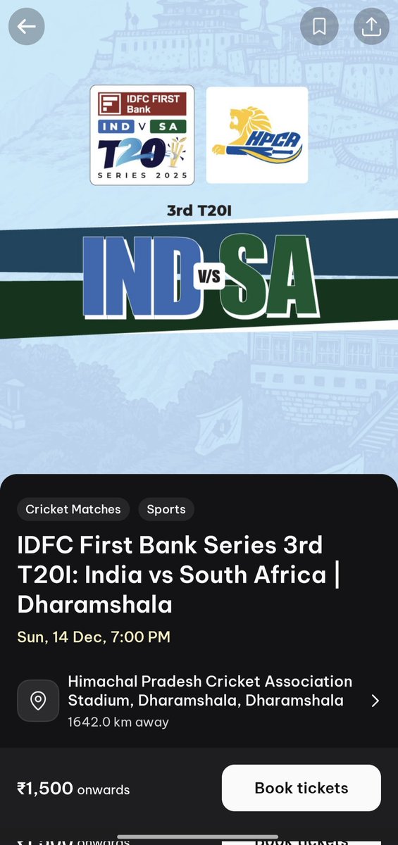 rajendraprasa62's tweet image. 🔥 TICKET ALERT! 🔥
IND vs SA 3rd T20I tickets for Dharamshala (HPCA Stadium, Dec 14) are NOW LIVE!
Buy them fast on the District by Zomato App. Don&apos;t miss the Himalayan clash! Book now! 🇮🇳💙🇿🇦
#INDvSA #Dharamshala #HPCA #DistrictApp