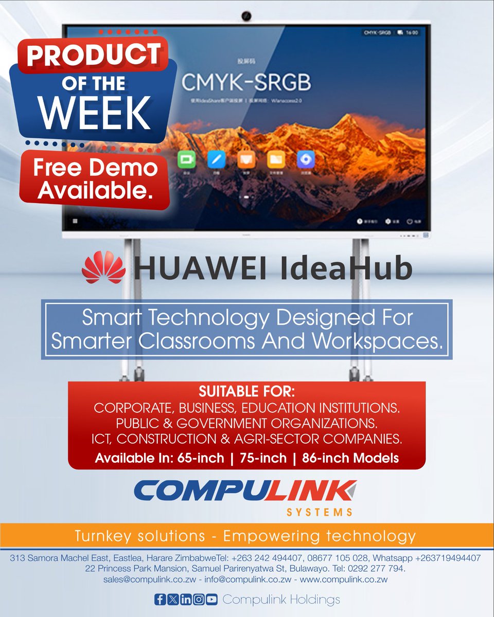 Compulinkzw's tweet image. 🔥 PRODUCT OF THE WEEK: HUAWEI IdeaHub
Where innovation meets collaboration.

Smart technology designed for smarter classrooms and workspaces.

 BONUS: Want to experience it for yourself?
Book your FREE live demo today.

#Innovation #techproductivity #Huawei