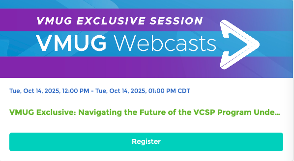 ErcanSah1n's tweet photo. ⏳ Big changes are coming to the #VMware VCSP Program by Oct 31. Thousands of partners are leaving—are you ready? Join #VMUG on Oct 14 @ 12PM to meet the approved VCSP Partners staying in. 🎯 Get guidance on migration, risk & next steps. #Broadcom #VCSP https://t.co/8qxNvPzMu1 https://t.co/5JFEgncmT2