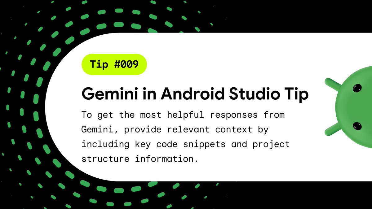 AndroidStudio's tweet image. Getting the best results from Gemini in Android Studio requires the right context 🎯 → goo.gle/4nvd9PT

Here are some ways you can provide it:

🖼️ Attach images for visual context
📂 Attach files to highlight code
🚫 Use .aiexclude to ignore certain files