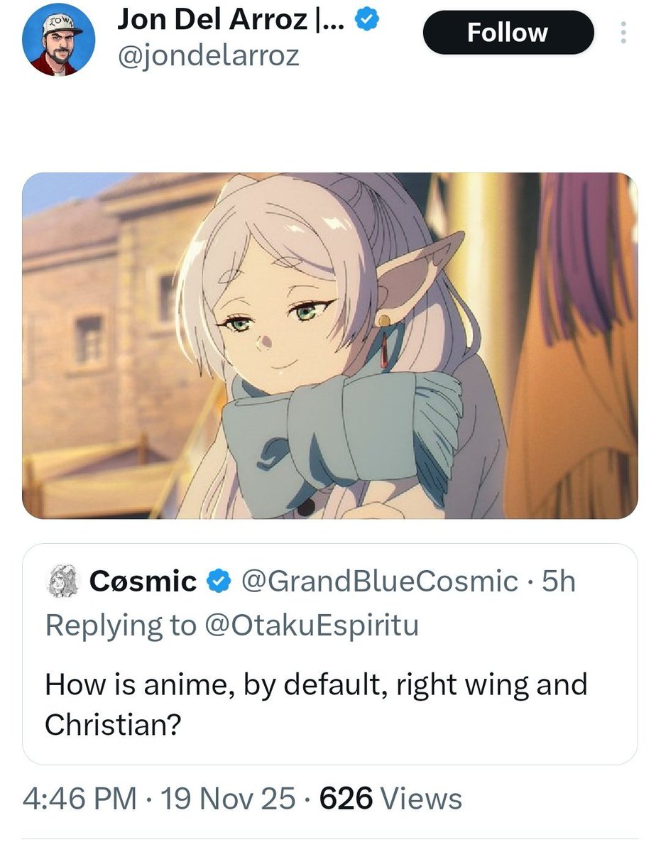 OtakuEspiritu's tweet image. It&apos;s not, that&apos;s the thing, but grifters like Jon here need to hamfist politics into it to push their ideals, then the same day say anime needs to be censored because it doesn&apos;t follow his Christian values.

He is full of shit.

Left and Right need to stop trying to have an arms…