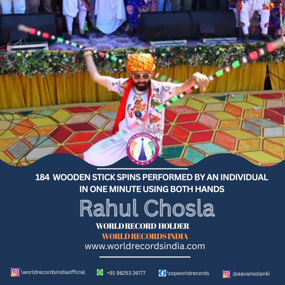 Fastest Wooden Stick Performer in India
Rahul Chosla, a young Wooden Stick Performer from Surat, Gujarat, sets a New World Record by performing 111 Wooden Stick Spins using one hand in just 1 minute set a World Record with worldrecordsindia.com #worldrecordsindia #stickcombat