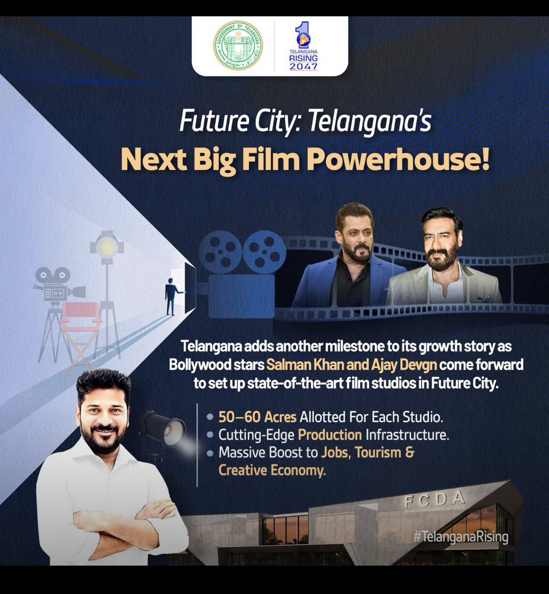 HydRising_1's tweet image. National trust. Global ambition.
Bollywood icons Salman Khan &amp;amp; Ajay Devgn are in talks to set up world-class studios in Bharat Future City, aligning with CM Revanth Reddy’s plan to build India’s most future-ready creative capital.
Formal MoUs expected at the Telangana Rising…