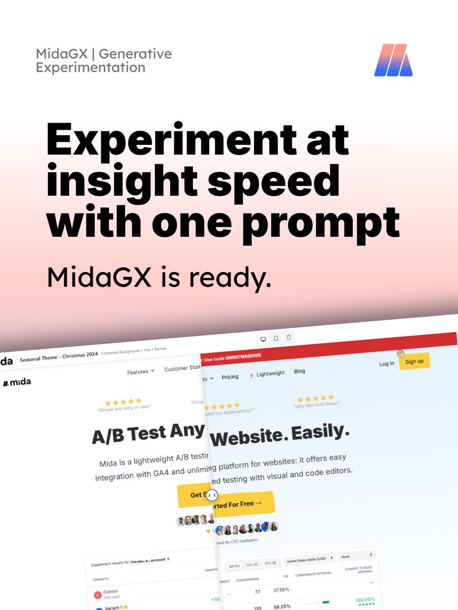 mida_so's tweet photo. We built MidaGX so teams can focus one thing:

Experiment at insight speed.

MidaGX studies your website, understands the structure, and generates ready-to-test variations — in minutes.

Your next experiment is one prompt away → https://t.co/HvZAYVfC1W https://t.co/7ZGwV8E956