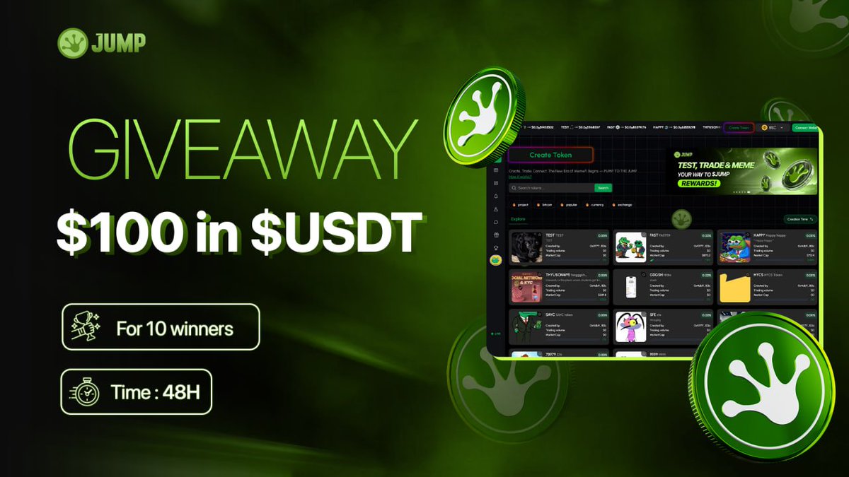 🔥 Jump.meme Giveaway! 🔥
We’re giving away a total of $100 USDT to 10 lucky winners!

How to Enter:
1️⃣ Create a token on Jump.meme
2️⃣ Follow <a href="/Jumpdotmeme_/">Jump.meme</a>   on X
3️⃣ Like ❤️ + RT 🔄 this post
4️⃣ Tag 3 friends 👥
5️⃣ Drop your BSC wallet address 

⏰ 48H