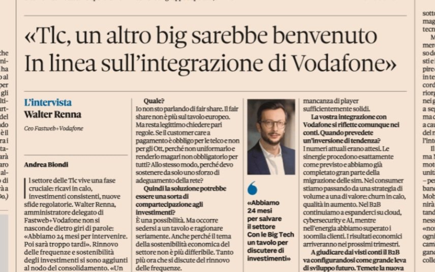 An_Bion's tweet image. Renna (#Fastweb+#Vodafone) al @sole24ore: «Abbiamo 24 mesi per intervenire. Poi sarà troppo tardi». I nodi: regole asimmetriche con le Big Tech, rinnovo frequenze, consolidamento. &quot;Un altro big è  benvenuto&quot;. E su #Poste-#Tim Enterprise: spazio per tutti per crescere nel B2B #Tlc