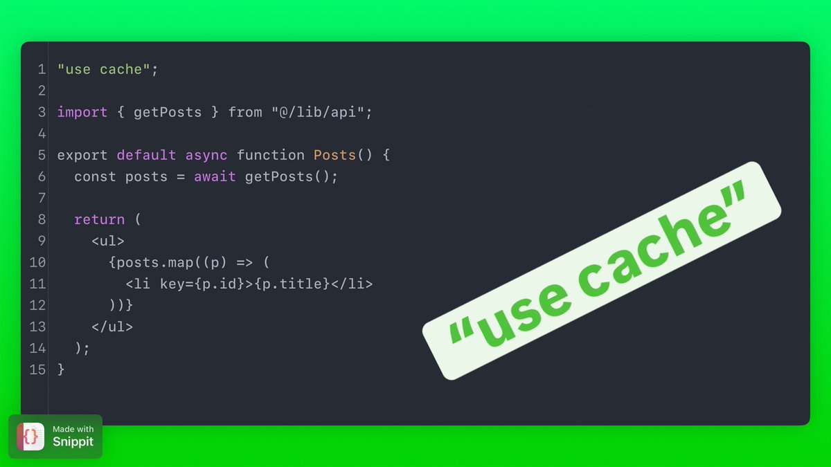 Scott_Codes's tweet image. 🔥 Next.js 16 dropped the “use cache” directive — and it’s a game changer.

Add &quot;use cache&quot; at the top of a file → everything inside becomes cacheable.
Cleaner logic, faster responses, predictable data.

#Nextjs16 #Nextjs #ReactJS