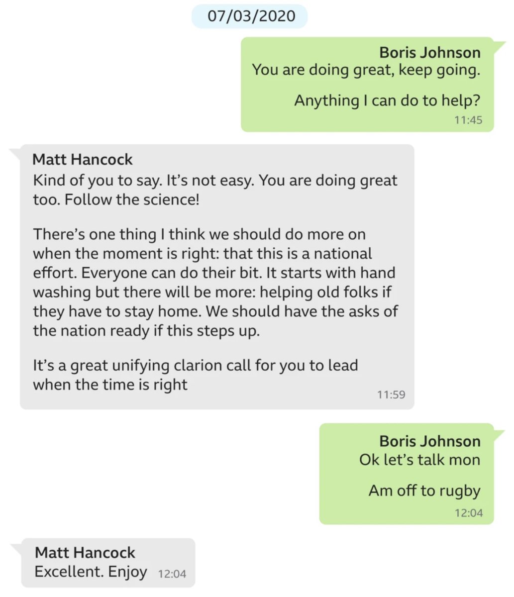 This exchange between Hancock and Johnson on 7th March 2020 speaks volumes about that government’s pandemic leadership.

Hancock: This is a clarion call for you to lead.

Johnson: Ok, I’m off to the rugby.
