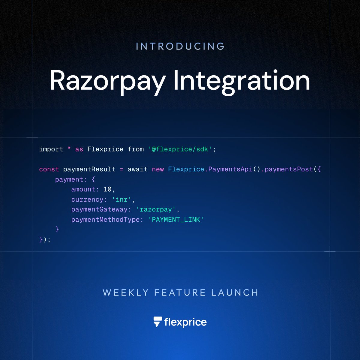 tryflexprice's tweet image. Introducing:  Flexprice + @Razorpay Integration

You can now connect your Razorpay account directly to Flexprice, enabling seamless payments, customer sync and invoice collection.

A unified pricing and payments workflow for India-first teams!

Here&apos;s a 🧵on what this means  ↓