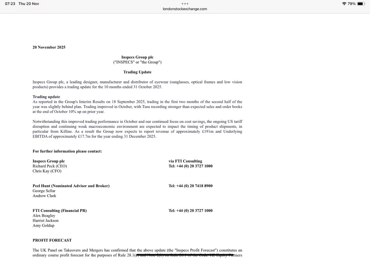 reb40's tweet image. #SPEC shareholders will be hoping for a chunky takeover bid to save them after today’s Profit Warning ⚠️ 

“ongoing US tariff disruption and continuing weak macroeconomic environment are expected to impact the timing of product shipments, in particular from Killine”
🤞🏼they get 1