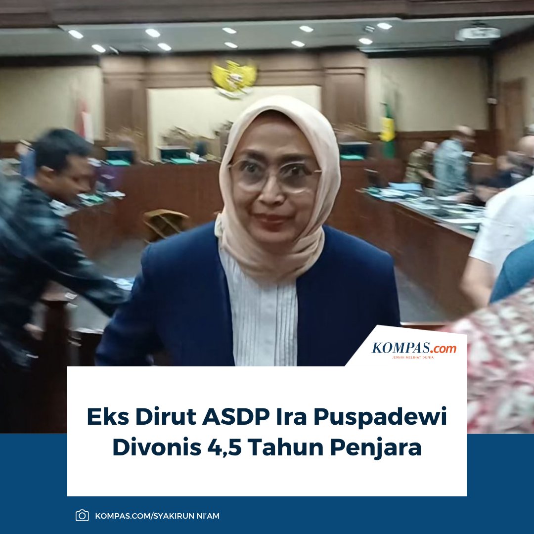 kompascom's tweet image. Majelis hakim menyatakan, Ira terbukti bersalah dalam kasus korupsi terkait proses kerja sama usaha (KSU) dan akuisisi PT Jembatan Nusantara (PT JN) tahun 2019-2022.

Baca di sini: nasional.kompas.com/read/2025/11/2…

~TA #IraPuspadewi #ASDP