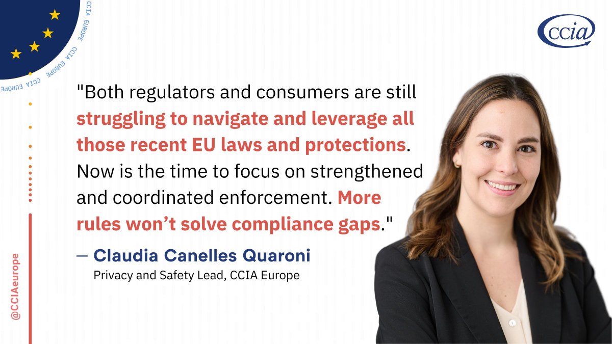 Press release 📄 EU Commission’s #Consumer Agenda Needs To Balance Protection and Progress ⚖️ 

@ClaudiaCanelles: "Regulators and #consumers are still struggling to navigate recent EU laws. More rules won’t solve compliance gaps." 

👉 ccianet.org/news/2025/11/e… #DigitalFairnessAct