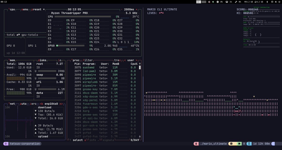 tetsuoai's tweet image. Grok-4.1 is god-tier for C programming. 

I built an ASCII Mario CLI game with pad-based double-buffering, multi-layer rendering, and procedural generation in about 15 minutes!

Lots of compute to run emacs and an ASCII game &amp;gt;:D

Building a molecular dynamics sim next.