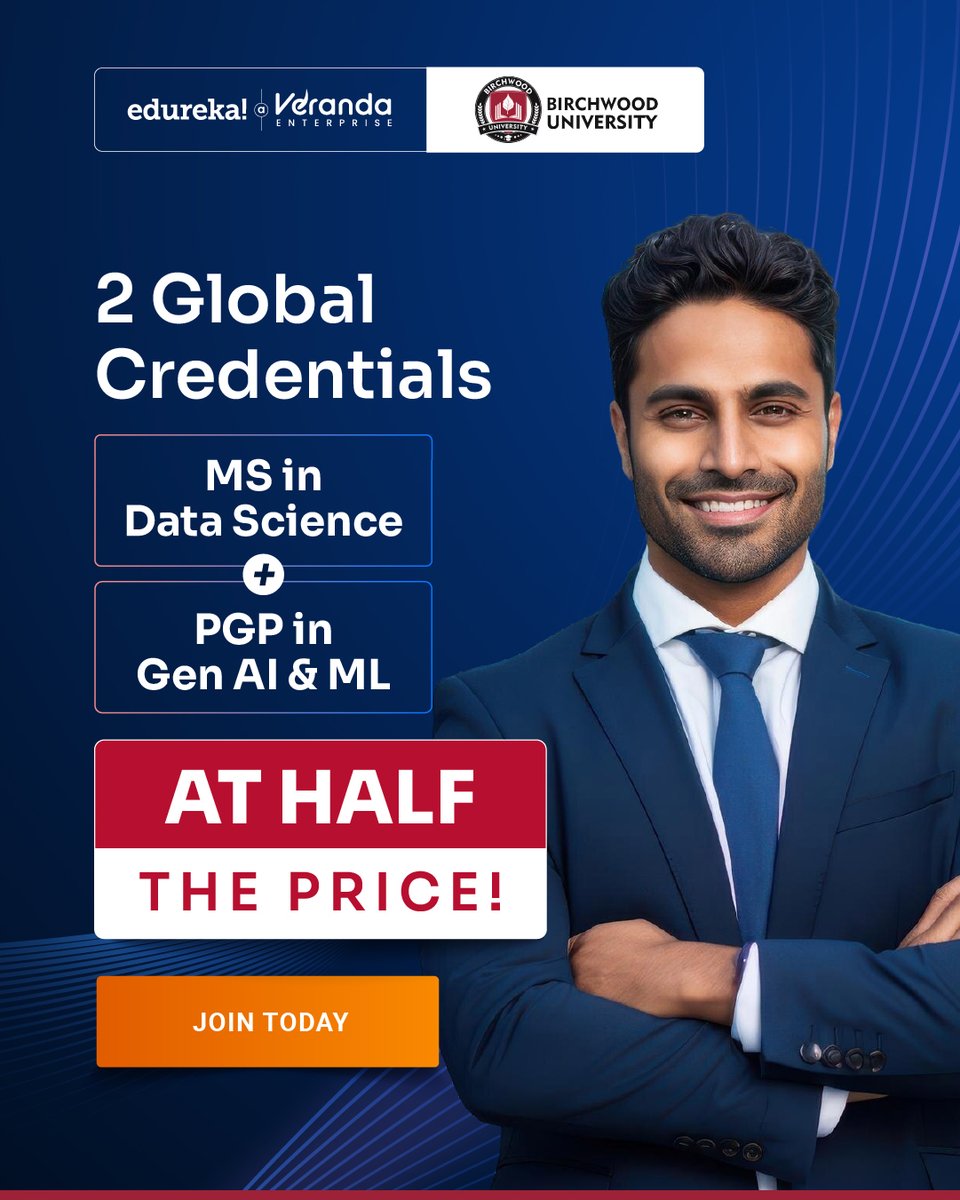 edurekaIN's tweet image. Dual Credentials. Powerful Career.
Half the Time. Half the Price. 💥

Ready to level up?
👉 Learn More: bit.ly/46KTTYU
#LearnWithEdureka #AIJobs #DataScienceMasters #AIEducation #Upskilling