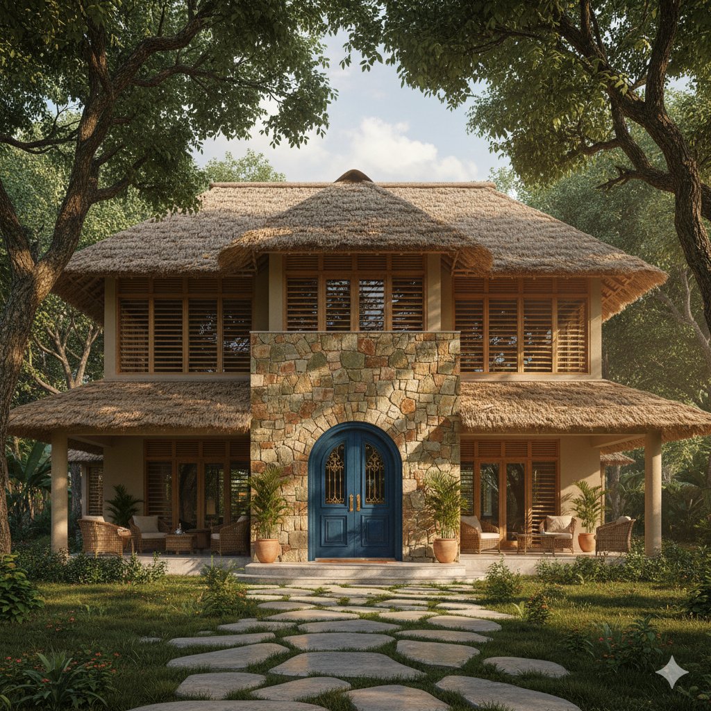 GeorgeEssandoh's tweet image. A serene tropical escape brought to life — rustic stone, warm wood, and a thatched roof wrapped in nature’s embrace. A perfect blend of calm, charm, and modern island living .

 Prompt created by me and generated using Google Gemini. 🌿✨

#orbitge #construction #engineering