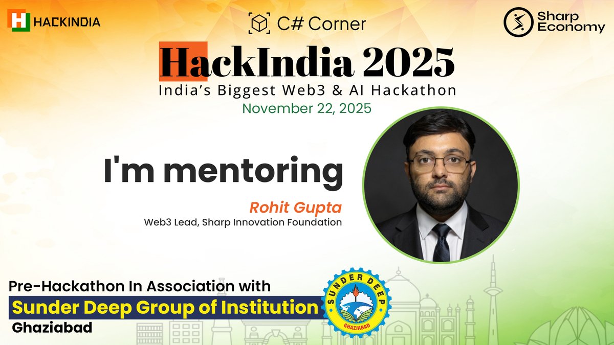 RohitGuptaWeb3's tweet image. Mentoring at #HackIndia2025 this year.

Web3 x AI = insane potential.

Let’s build smart, ship fast, and make something that actually matters. ⚡️

@sunderdeep @CsharpCorner @HackIndiaXYZ @SharpEconomy @mcbeniwal @inform2atul #CSharpCorner