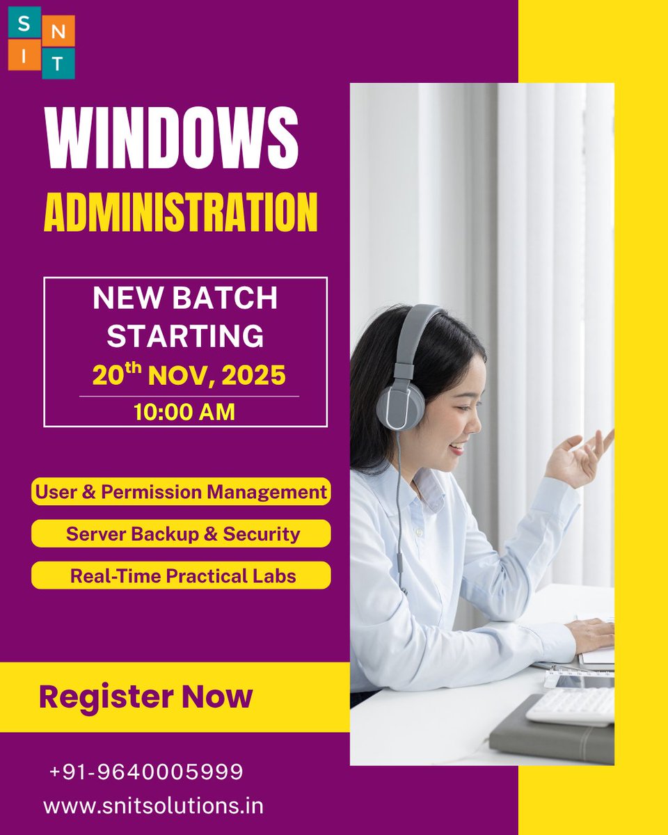 snit_training's tweet image. Ready to build your career in System Administration?

New batch starting soon. Limited seats — book your spot today!
📅 20th Nov | 🕖 10:00 AM
📍 Dilsukhnagar
☎️ 9640005999
🌐 snitsolutions.in

#SNIT #WindowsAdministration #SystemAdmin #ITTraining #NewBatch