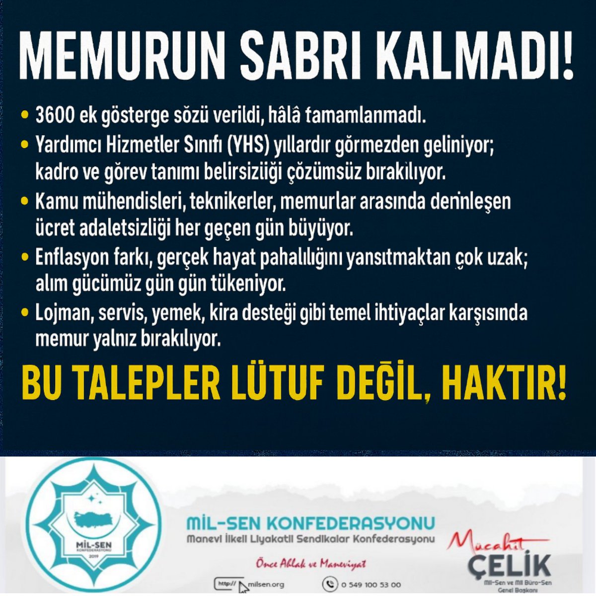 📢 MEMURUN SABRI KALMADI!

Her gün artan hayat pahalılığı karşısında eriyen maaşlarımız, yıllardır çözülemeyen yapısal sorunlar ve adalet beklentimiz artık görmezden gelinemez bir noktaya geldi.

🔹 3600 ek gösterge sözü verildi, hâlâ tamamlanmadı.
🔹 Yardımcı Hizmetler Sınıfı