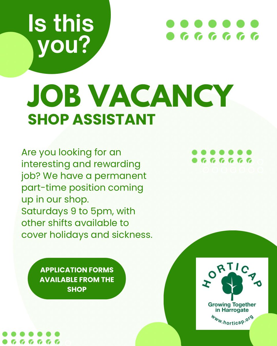 If you or someone you know might be keen, we’ve got a permanent, part-time position to work Sats 9-5, with other shifts available to cover holidays and sickness. If you're reliable, flexible, hardworking, pick up an application form from our shop. #Harrogate #charity #vacancy