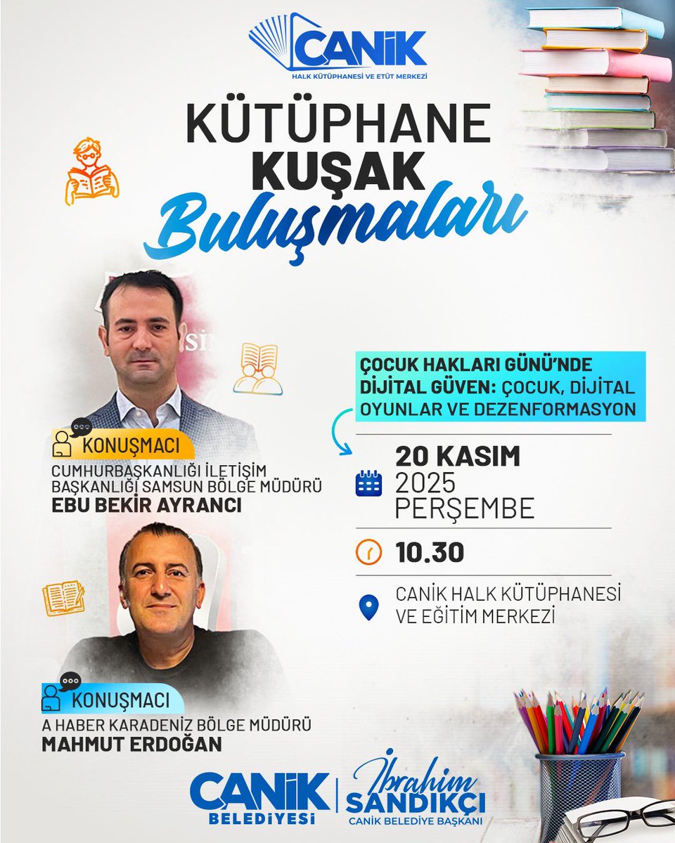 "Kütüphanede Kuşak Buluşmaları" devam ediyor ☺️

Bilgi ve tecrübe bahçesinin muhabbetle yeşerdiği #KütüphanedeKuşakBuluşmaları'nın bu haftaki konukları; Cumhurbaşkanlığı İletişim Başkanlığı Samsun Bölge Müdürü Ebu Bekir Ayrancı ve A Haber Karadeniz Bölge Müdürü Mahmut Erdoğan 📚