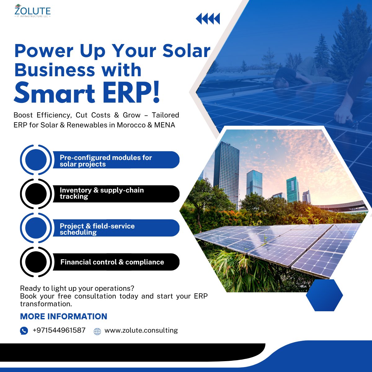 ZOLUTE's tweet image. Run Your Solar Business Smarter, Faster, Better!
zolute.consulting/services/confi…
Ready to scale your solar operations? Let’s talk!
#SolarERP #OdooERP #RenewableEnergy #SolarMorocco #MENASolar #CleanEnergyBusiness #SolarProjects #OdooExperts #ZoluteConsulting