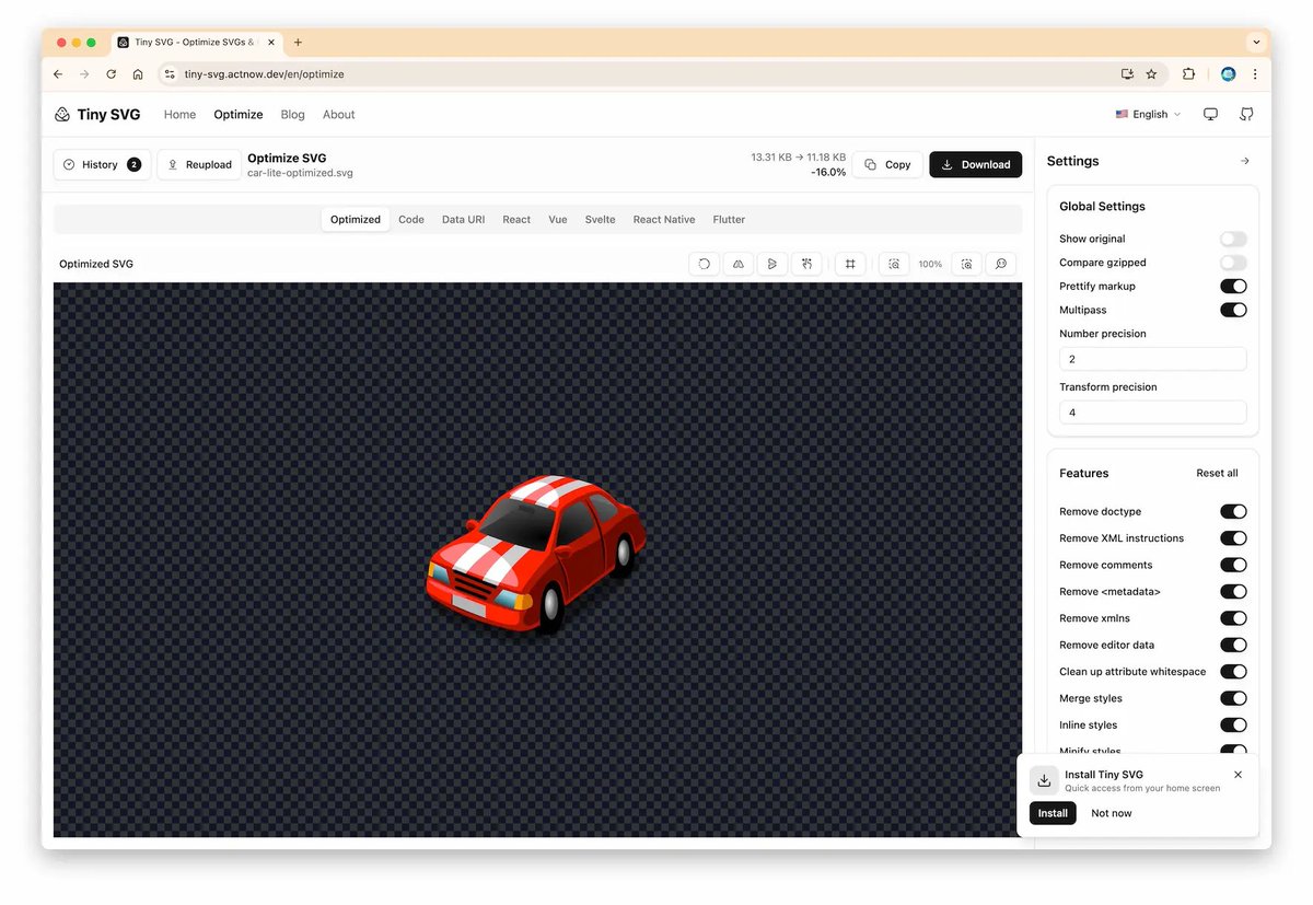 riverhohai's tweet image. I created an open-source SVG online compression preview website.
tiny-svg.actnow.dev

based on svgo and supports a variety of plug-in configuration compression. The compression results can export react, vue and other components, as well as the most common picture formats.