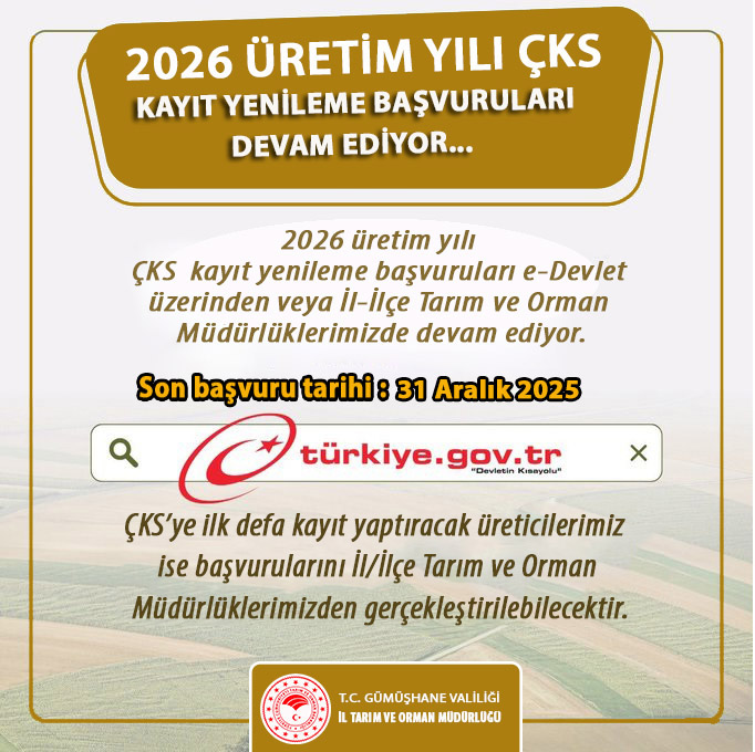 📢Çiftçi Kayıt Sistemi (ÇKS) 2026 üretim yılı kayıt yenileme başvuruları  devam ediyor.👩🏻‍🌾
⏳ Son Başvuru: 31 Aralık 2025
📍 Başvurularınızı İl/İlçe Tarım ve Orman Müdürlüklerimize ya da e-Devlet üzerinden yapabilirsiniz.

<a href="/ibrahimyumakli/">İbrahim Yumaklı</a>
<a href="/TCTarim/">T.C. Tarım ve Orman Bakanlığı</a>
<a href="/A_KIRAC/">Dr. Ahmet Mesut KIRAÇ</a>