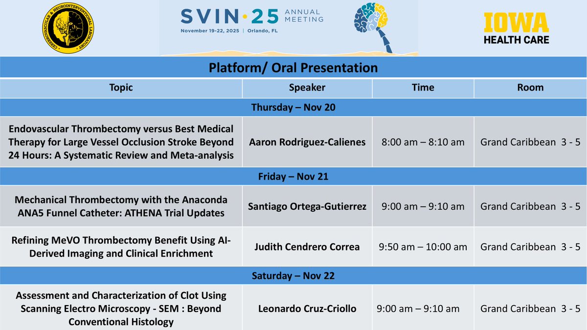 CerebrovascLab's tweet photo. We are excited about the upcoming SVIN presentation, where we will showcase our projects and various collaborations in multiple formats, including oral presentations, moderated discussions, printed materials, and E-Posters.
This event presents a valuable opportunity to share our findings and connect with others in the field.
#SVIN #SVIN2025 #Orlando #UIOWA #Stroke #Neurointervention