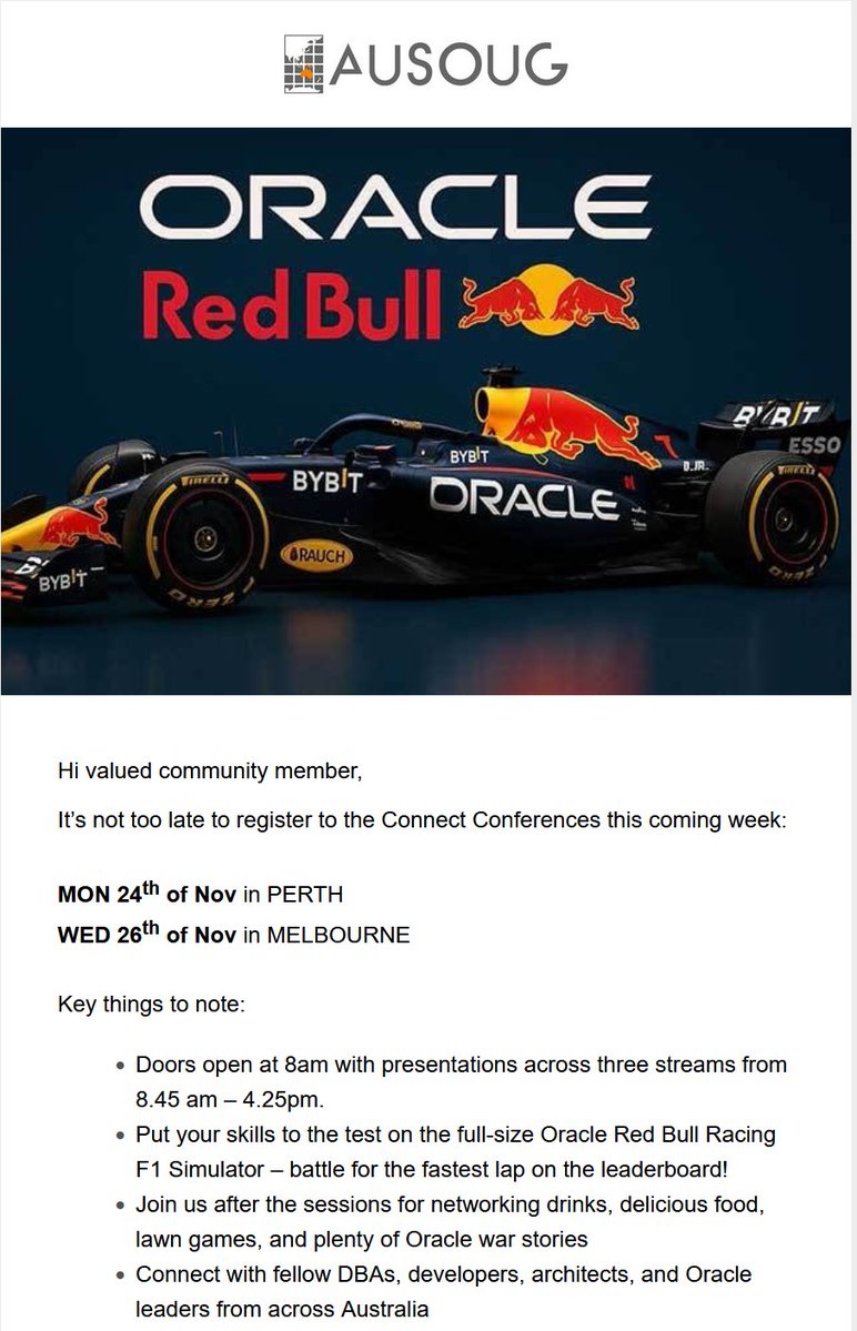 AUSOUG's tweet image. Full agenda and ticket details ausoug.org.au/connect-2025/

Bring a friend or colleague and register now!

We are only few days away from AUSOUG Connect 2025

See you very soon.