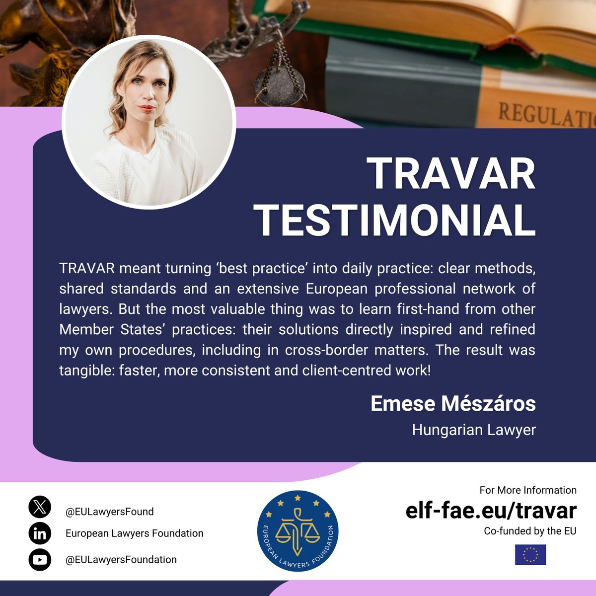 EULawyersFound's tweet image. #TRAVAR Testimonials | Hungarian Lawyer Emese Meszaros describes the positive effect of TRAVAR events in her daily practice: practical insights on the use of EU legal instruments, first-hand knowledge of other Member States practices and an extension of her professional network!