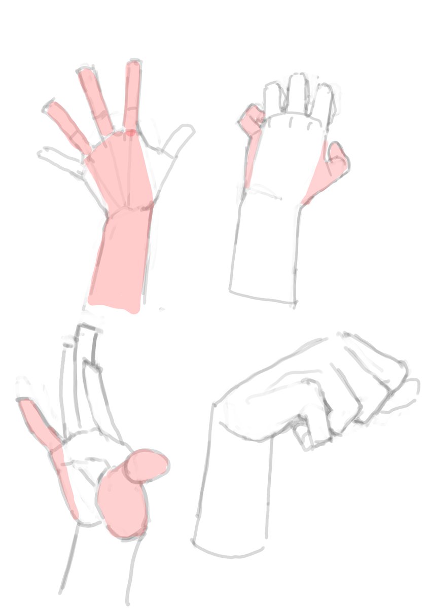 gin_camp's tweet image. 個人的楽な手の描き方tips

1やや縦長なホームベースを描く
2人差し指、中指、薬指を描く
3親指、小指を描く。手羽元イメージ

真ん中の指3本は手首から続く本流、親指小指ば分岐した支流みたいな感覚

※握り拳を描く時はあんまりあてにならない