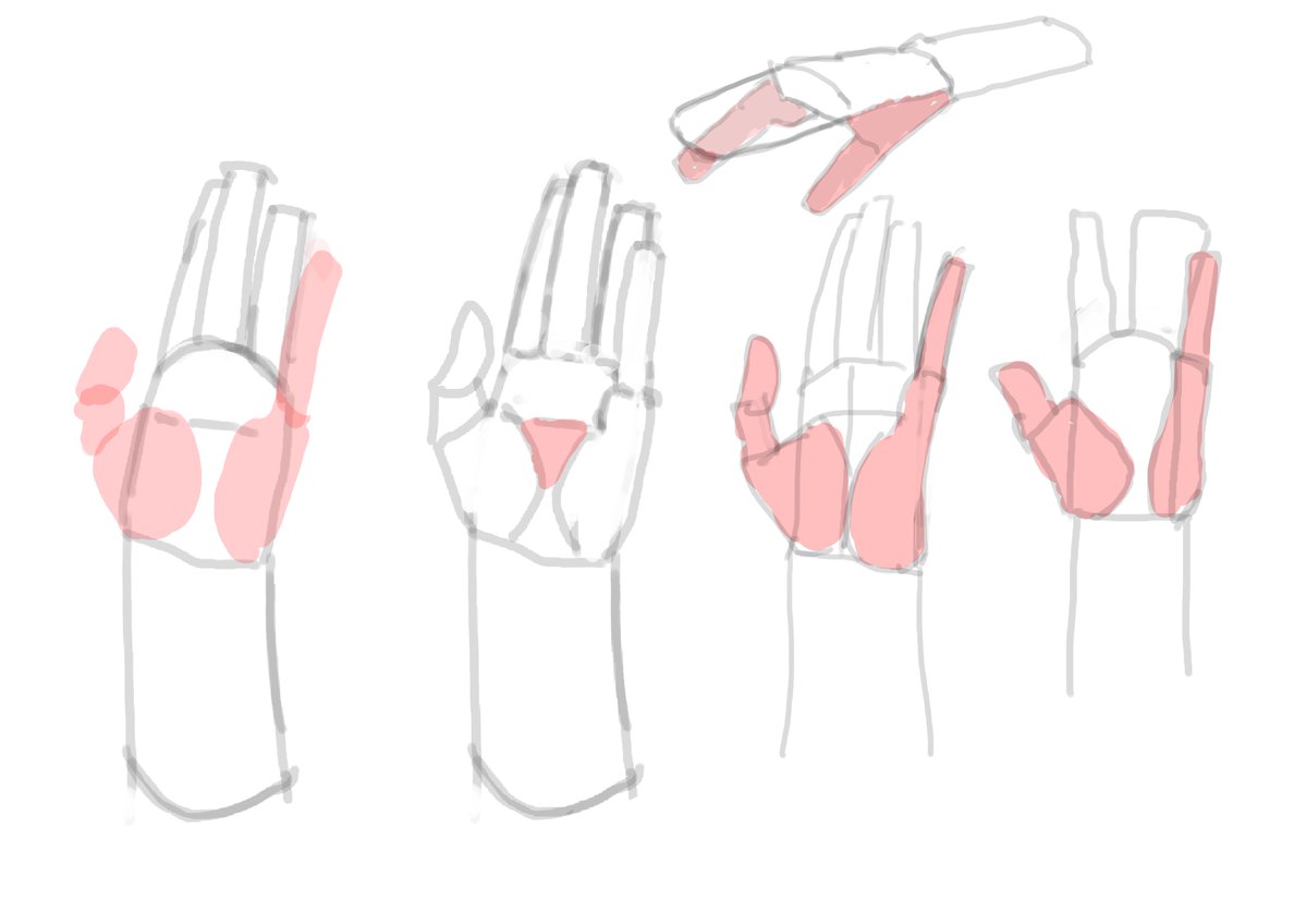 gin_camp's tweet image. 個人的楽な手の描き方tips

1やや縦長なホームベースを描く
2人差し指、中指、薬指を描く
3親指、小指を描く。手羽元イメージ

真ん中の指3本は手首から続く本流、親指小指ば分岐した支流みたいな感覚

※握り拳を描く時はあんまりあてにならない