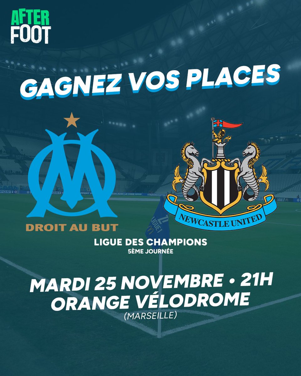 🎁 JEU CONCOURS

🎟️ Tentez de remporter vos places pour le match de Ligue des Champions OM - Newcastle qui aura lieu le mardi 25 novembre à 21h.

🍀 Pour participer, RT + Follow <a href="/AfterRMC/">After Foot RMC</a>, et commente ton prono. Bonne chance !