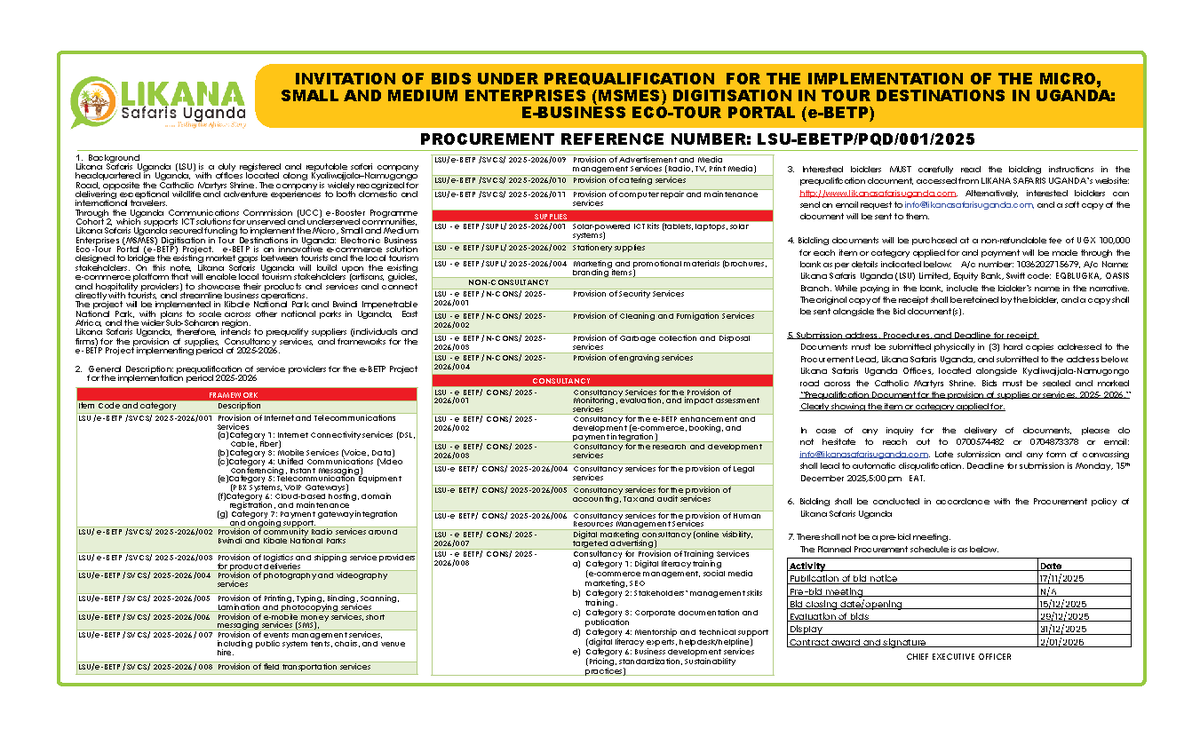 LikanaSafaris's tweet photo. Likana Safaris Uganda invites eligible providers to submit bids for prequalification under the e-BETP Project, part of the e-Booster Program funded by @UCC_Official

Deadline: 15 Dec 2025, 5pm.
Download the notice: https://t.co/FqFEuQrbyC
Inquiries: info@likanasafarisuganda.com https://t.co/hFcWYNGQQD